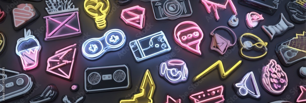 Poster Retro 80s Style Neon Sticker Pack Displayed on a Dark Surface With Vibrant Colors and Illuminated Details Creating a Nostalgic Atmosphere
