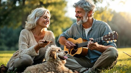 Happy mature couple with dog enjoying music, man playing guitar in park. - Powered by Adobe