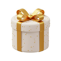 Elegant present rendered in 3D with a sleek white cylindrical box adorned with petite golden spheres and a radiant gold ribbon tied in a bow