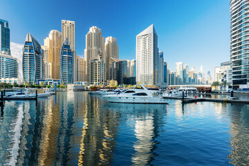 Beautiful view of Dubai Marina in sunny summer day.