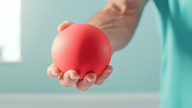 A physical therapist's hand gently holds a red therapy ball, offe encouragement and guidance du a motivating rehabilitation exercise session promoting recovery and