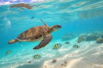 Obraz premium Sea Turtle Swimming Gracefully Among Exotic Fish in Crystal Clear Tropical Waters