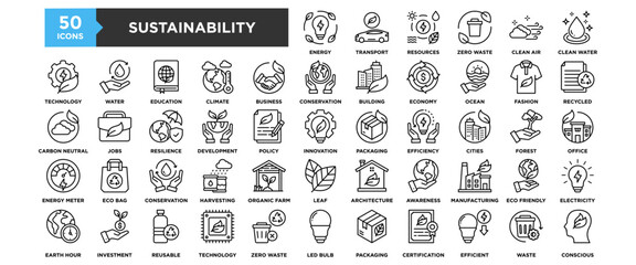 50 Sustainability icon set. Containing design ecology, sustainable, eco, nature, green	