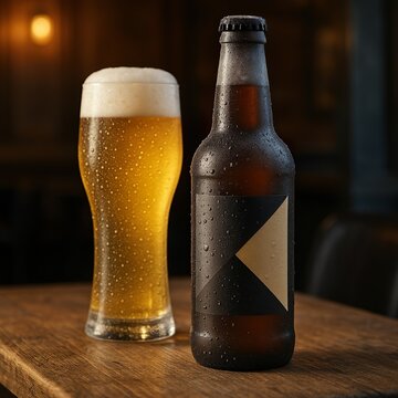 Garrafa de cerveja e copo de cerveja gelados
