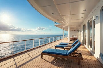 The expansive and pristine deck of a cruise ship, with rows of lounge chairs under a bright blue sky