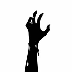 Halloween zombie hand reaching up from grave. Spooky hand with decaying flesh and sharp nails emerges from darkness.  Chilling halloween image perfect for horror movie posters, halloween invitations a