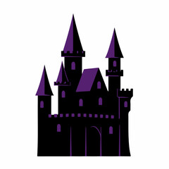 Spooky purple castle illustration. Halloween castle image with high towers and crenellations. Mysterious dark castle perfect for Halloween invitations, greeting cards, or spooky party decorations.