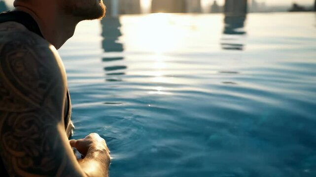 A man with tattoos gazes contemplatively at the shimmering water during sunset, with boats in the background - attractive tattooed guy