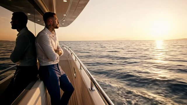 A contemplative man in a white shirt gazes at the sunset over the ocean while relaxing on a luxury yacht - attractive tattooed guy
