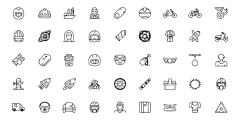 Collection of line icons related to sports, vehicles, and safety gear