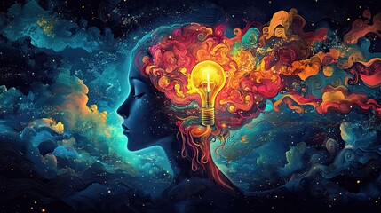 Cerebro y mente iluminados por un bombillo, simbolizando creatividad, ideas e imaginaciÃ³n 