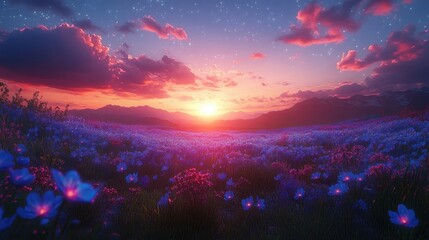 Obraz premium Serene Sunset Over Vibrant Flower Field with Starry Sky