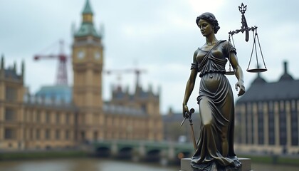Lady Justice Statue with Scales of Justice and Uk Parliament