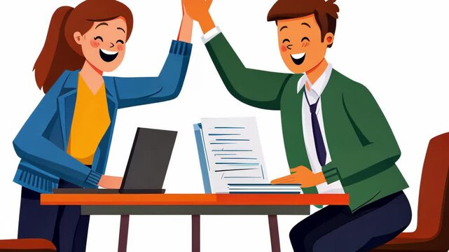 Cheerful coworkers, woman and man, giving high five for teamwork success illustration.