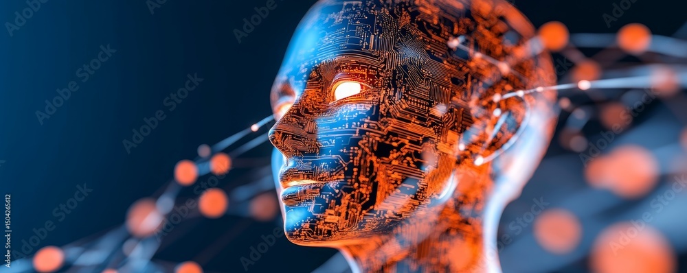 Poster futuristic digital persona with luminous face surrounded by flowing data streams