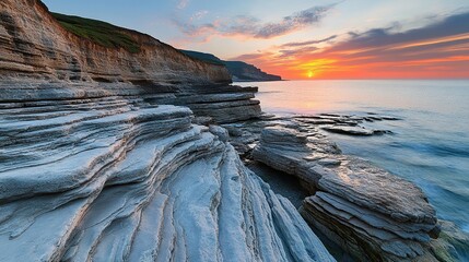 Covachos Beach at Sunset in Costa Quebrada Geological Park, Cantabria, Spain, with Rock Formations 