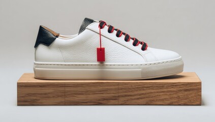 White leather sneakers with black accents and red tag