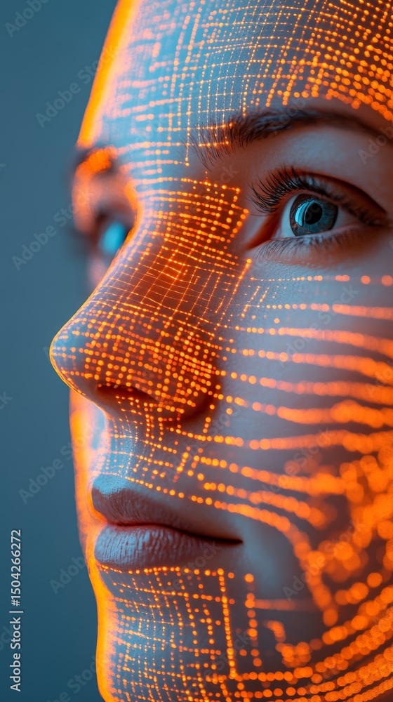 Poster intricate futuristic humanoid figure enveloped by dynamic glowing digital information streams swirli