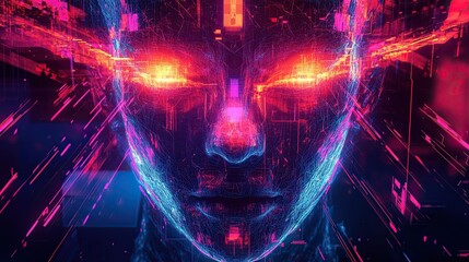 Digital artwork of a futuristic face with abstract lines, AI, and cyber technology concept 