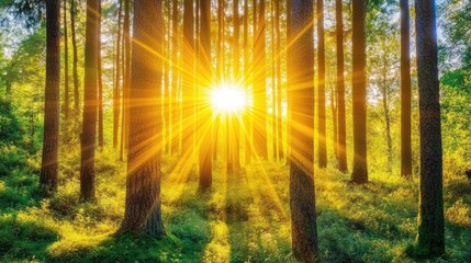 Obraz premium Beautiful Sunrise Through Trees in Lush Green Forest Landscape