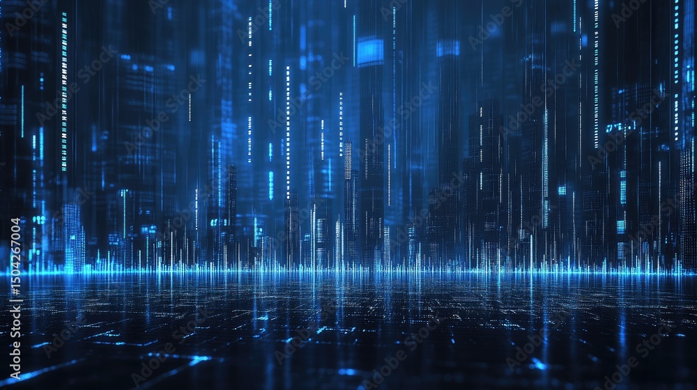 Poster digital cityscape with glowing lines and data streams.