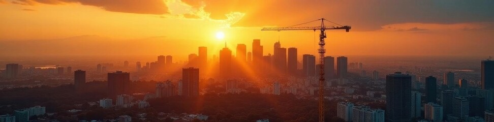 Fototapeta premium Golden sunrise over cityscape, booming construction, bright future, expansion