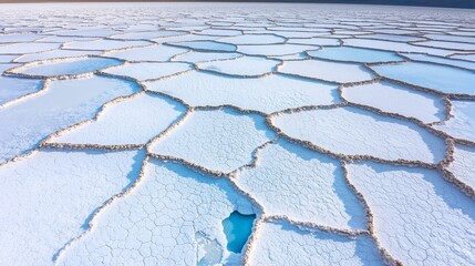 Cracked Salt Flats with Blue Water Pool in Arid Landscape
