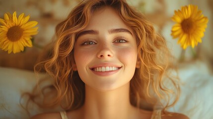 Fototapeta premium Happy Young Woman with Sunflowers in Soft Natural Light
