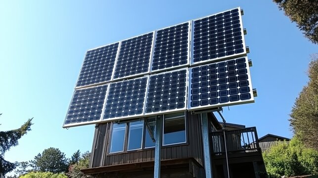 Tilted solar panels on metal mounting brackets facing optimal sun angle