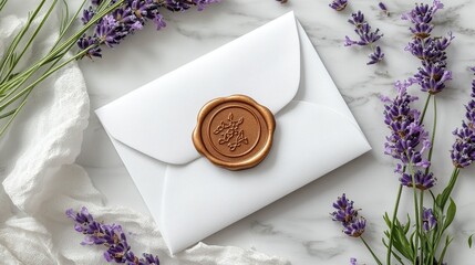 Flat lay of a white envelope with a golden wax seal and sprigs of lavender, symbolizing elegant correspondence 