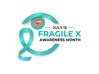 July is Fragile X Awareness Month. A time to raise awareness about Fragile X Syndrome. Realistic Teal silk ribbon banner design. Design for web banner, cards, prints, social media, poster background.