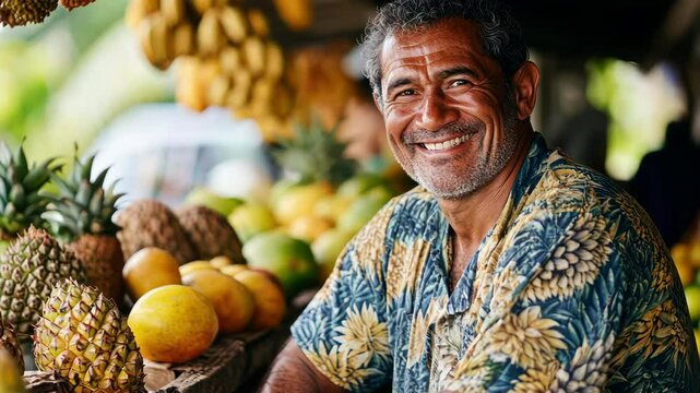 Smiling man selling tropical fruit including pineapple, banana and mango at market.