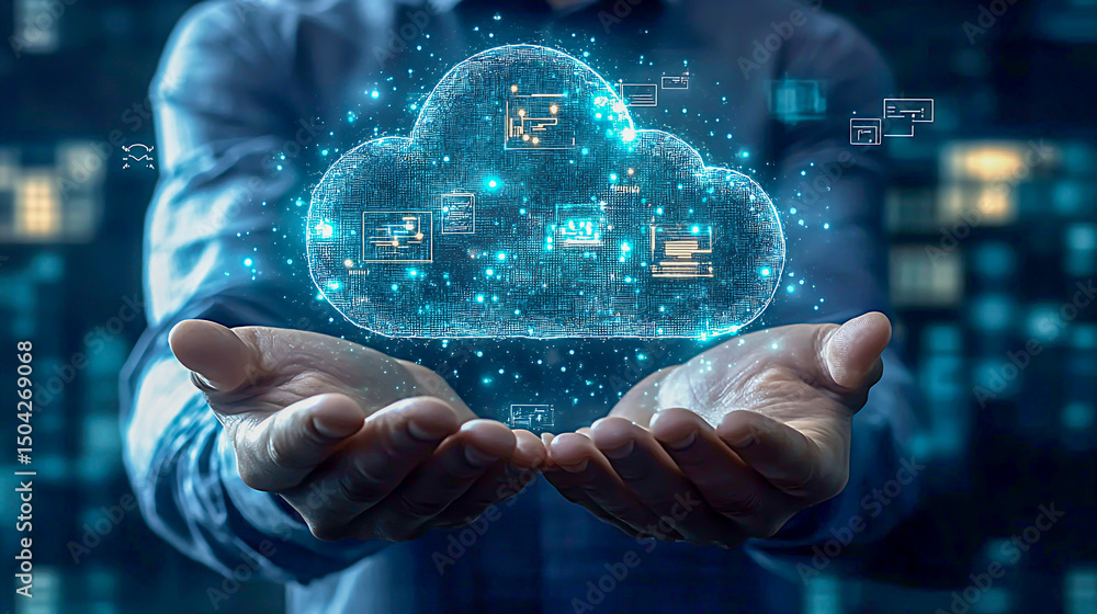 Poster cloud computing in hands: man hands holding virtual cloud over abstract technology background, repre