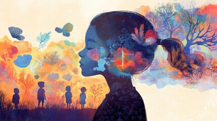 Dreamy Silhouette of a Child Surrounded by Nature and Imagination