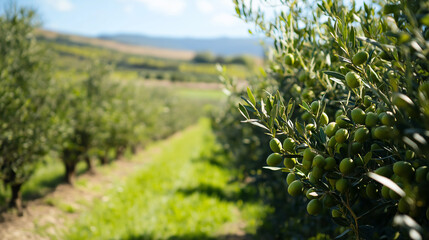 A cluster of bright green Castelvetrano olives with fresh green olive leaves in a garden  highlighting their smooth texture and vibrant color.
