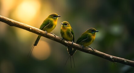 Obraz premium Three Long-tailed Sylphs Perched on a Branch in Soft Golden Light