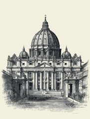 Obraz premium Detailed Vintage Engraving Showcasing Vatican Architecture With a Grand Dome and Illuminated Center