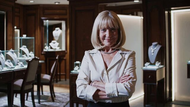 Confident woman posing inside upscale jewelry store with display cases  