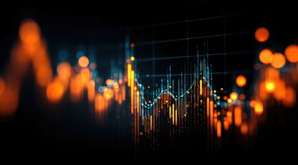 Abstract financial data visualization with glowing orange and teal lines forming fluctuating graphs against a dark background, bokeh effects adding depth