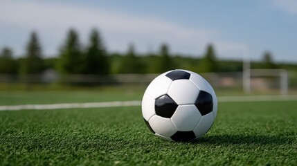 Fototapeta premium Soccer Ball on the Pitch: A close-up shot of a classic soccer ball resting on a vibrant green pitch under a clear blue sky, inviting viewers to the world of soccer and teamwork.