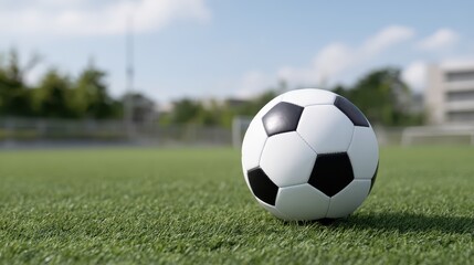 Fototapeta premium Football on Pitch: A classic black and white football rests on a vibrant green pitch under a clear blue sky, symbolizing sportsmanship and the love of the game.