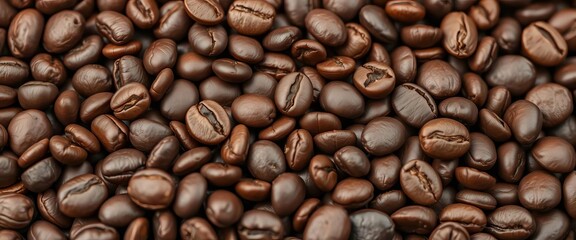 Fototapeta premium Close-up of roasted coffee beans, rich brown hues, textured surface, macro, macro photography