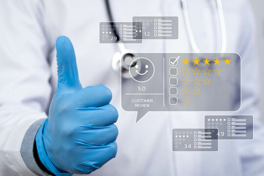 A healthcare professional in gloves gives a thumbs-up, symbolizing positive feedback and customer satisfaction through digital ratings.