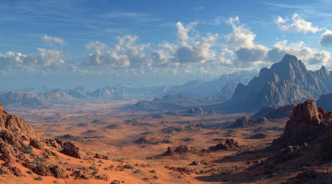 Panoramic view of a vast, reddish desert landscape under a partly cloudy blue sky.  Rugged mountains rise in the distance, while sparse vegetation dots the foreground's sandy terrain