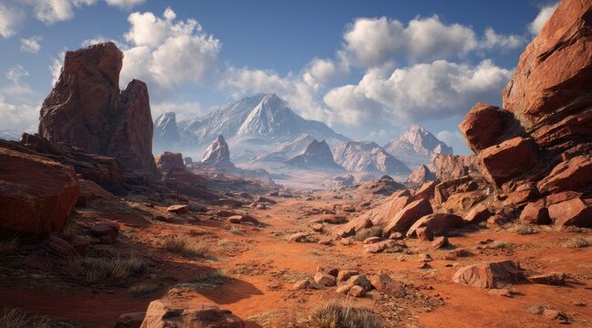 A sun-drenched desert vista unfolds, featuring towering red rock formations flanking a path leading towards a majestic snow-capped mountain range under a partly cloudy sky