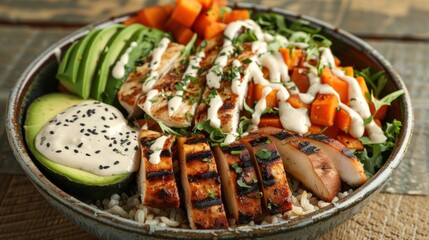 Variety meal bowl with rice and assorted ingredients