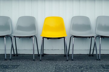 Minimalist Yellow Chair in a Row of Grey Seating