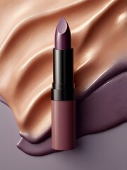 Vibrant purple lipstick with smooth texture displayed on bright abstract artistic background