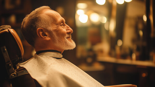 Elderly gentleman getting a haircut, reflected in vintage mirror. Timeless tradition of classic barbering