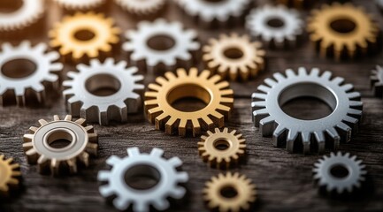 Interconnected gears on a wooden surface